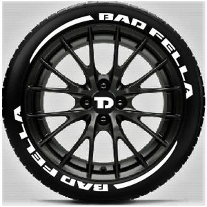 Customized Permanent Rubber Tyre 3D Stickers for Car Tyre_ (Sticker for 4 Tyres) Design BADFELLA + Flare ARC, White